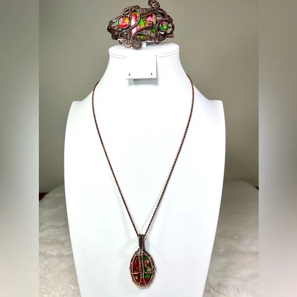 Oyster Turquoise & Mosaic Jasper Copper Gemstone Bangle ONLY - Picture 3 of 7